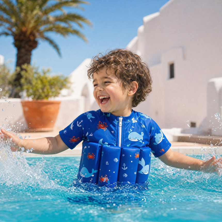 FloatBuds – Bañador Flotador para Niños con 4 Flotadores Extraíbles · Protección Solar UPF50+ y Gorro a Juego · 1-6 años