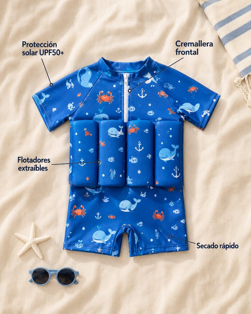 Bañador flotador SeedSwim azul visto de frente con sus cuatro características señaladas