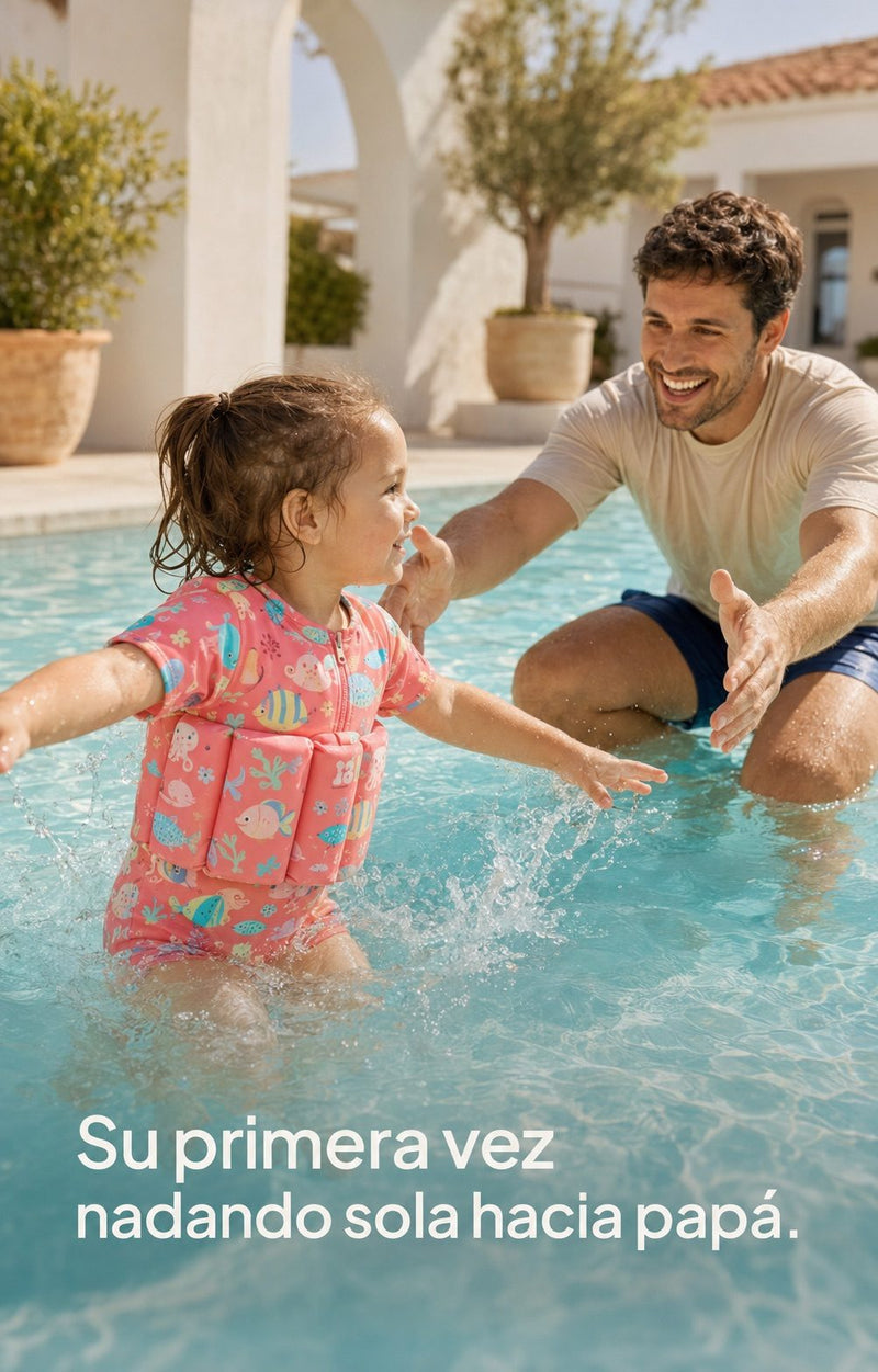 Niña nadando sola hacia su padre en la piscina con el bañador flotador SeedSwim