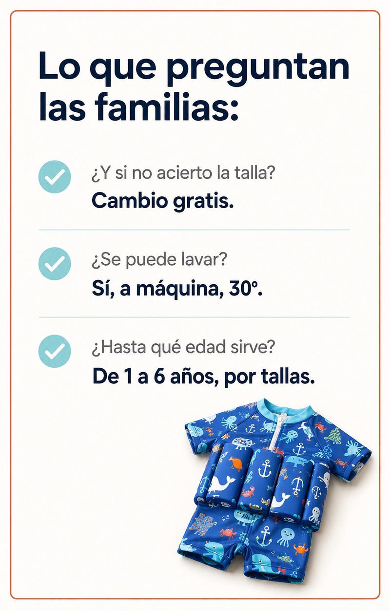 Resumen de las dudas más frecuentes: cambio de talla gratis, lavado a máquina a 30 grados y uso de 1 a 6 años