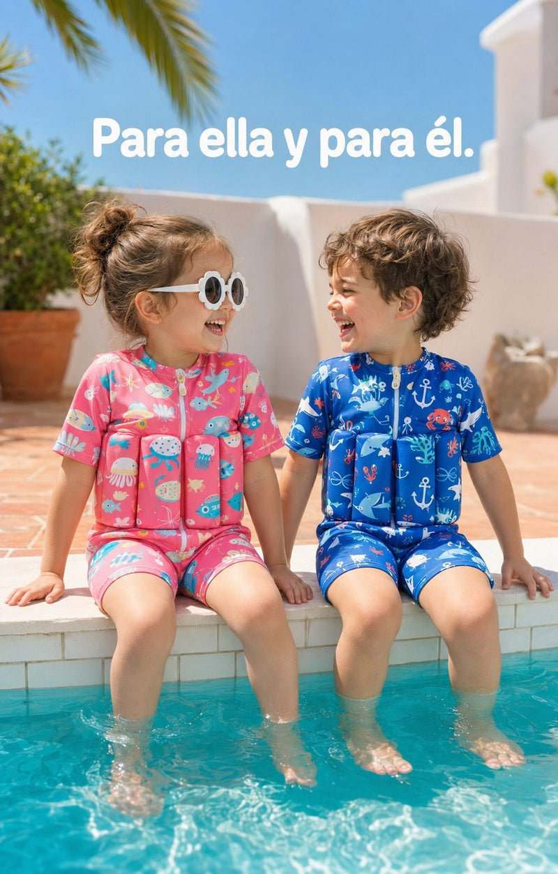 Una niña con el bañador flotador rosa y un niño con el azul sentados al borde de la piscina