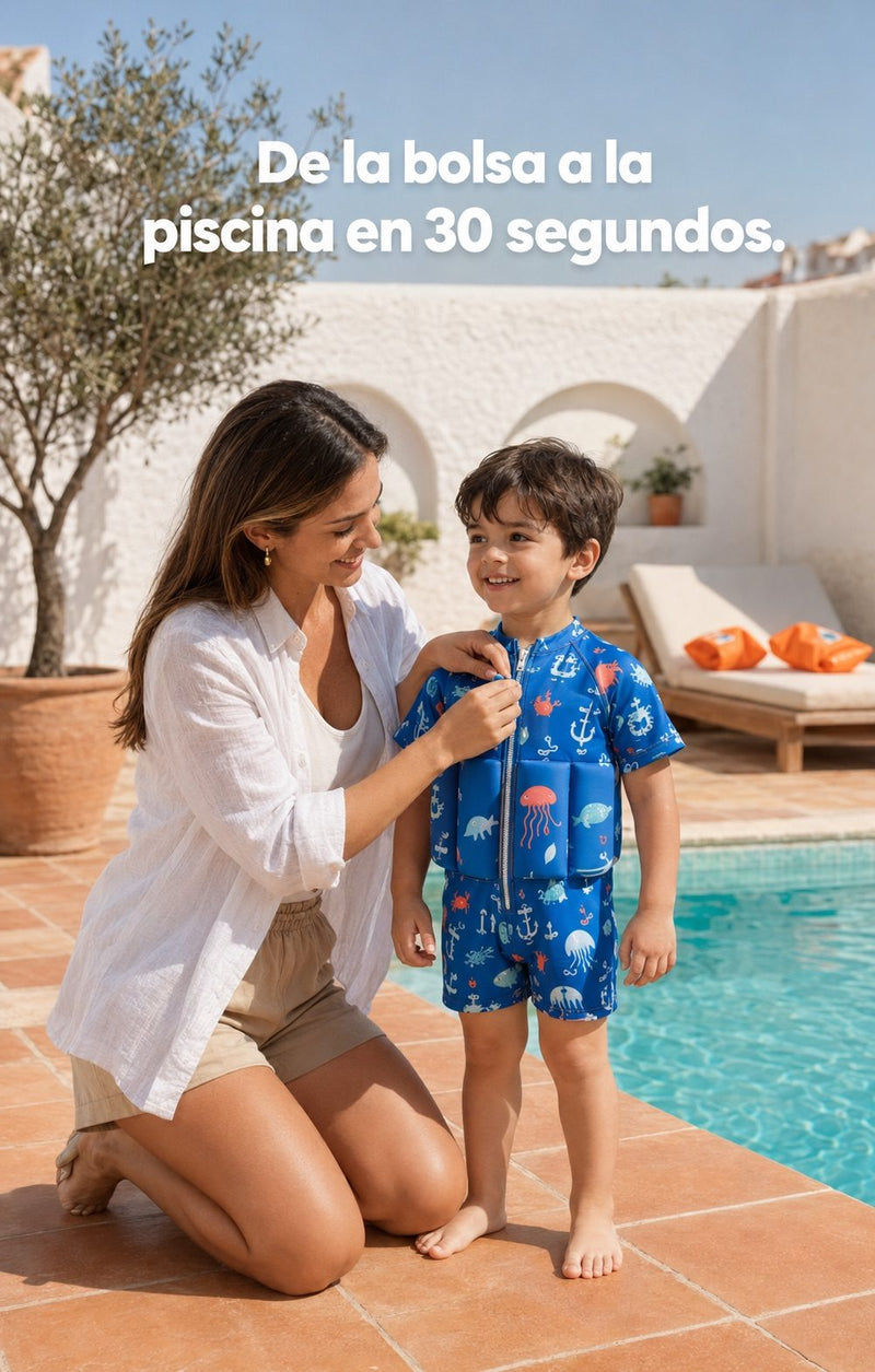 Madre subiendo la cremallera del bañador SeedSwim a su hijo junto a la piscina