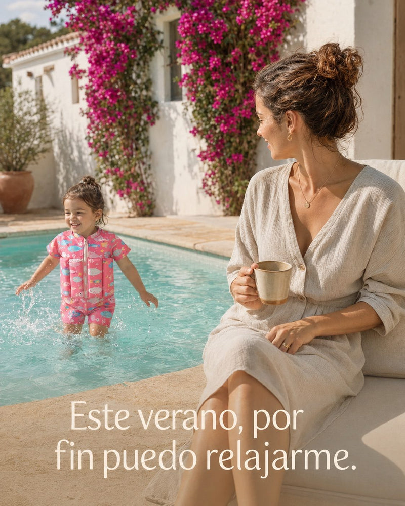 Madre tomando café tranquila mientras su hija juega en la piscina con SeedSwim