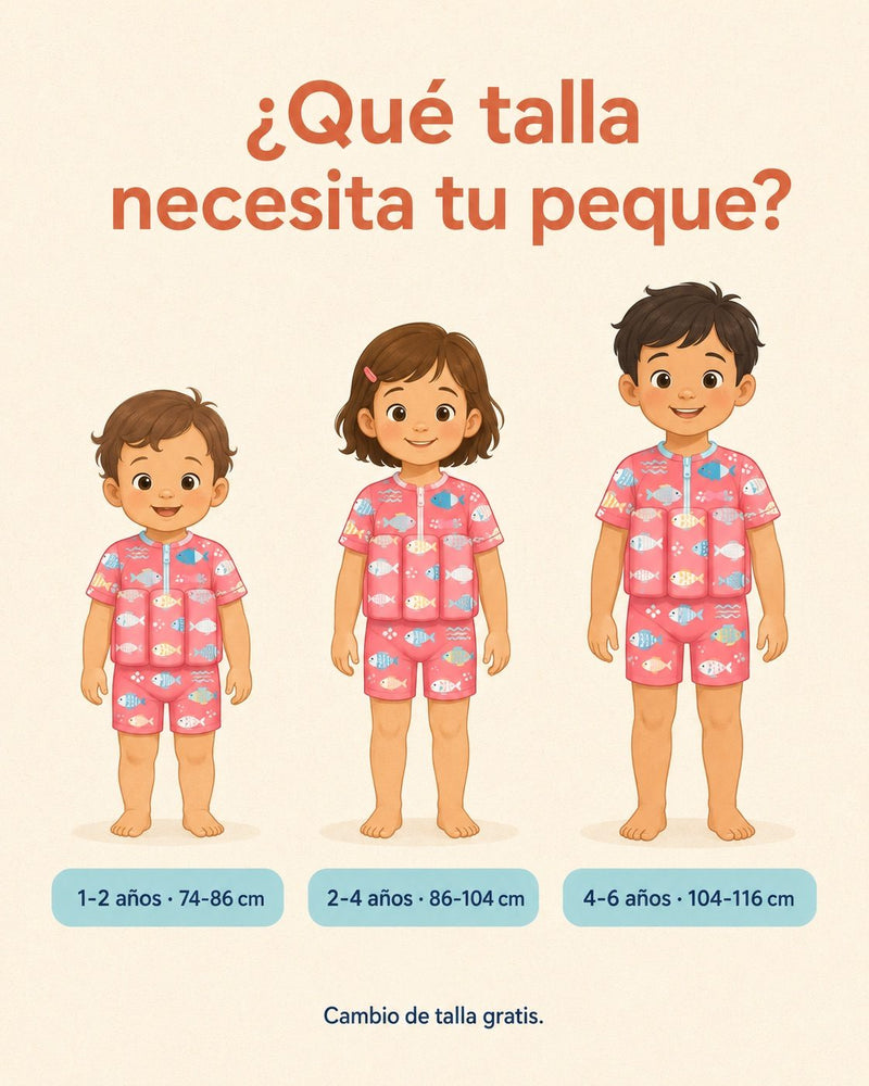 Guía de tallas SeedSwim: 1-2 años 74-86 cm, 2-4 años 86-104 cm y 4-6 años 104-116 cm