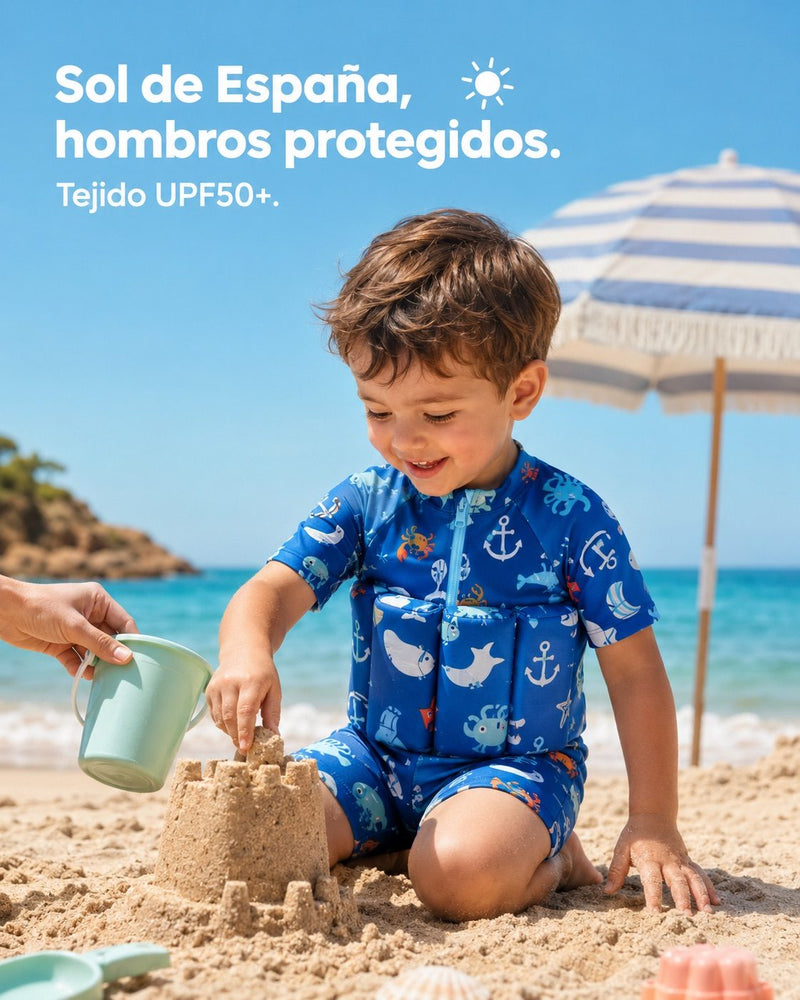 Niño jugando en la playa española con el bañador SeedSwim azul de protección solar