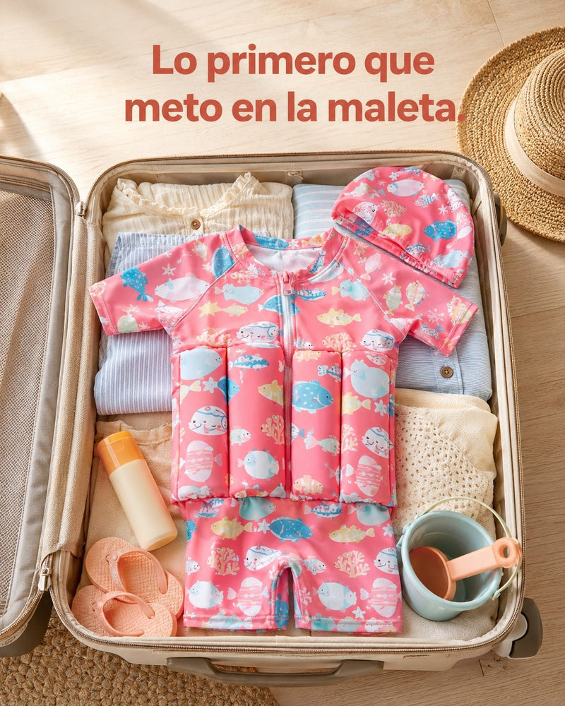 Maleta preparada con el bañador SeedSwim rosa, el gorro, crema solar y juguetes de playa