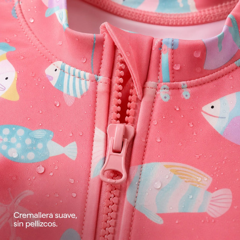 Detalle de la cremallera frontal rosa del bañador SeedSwim